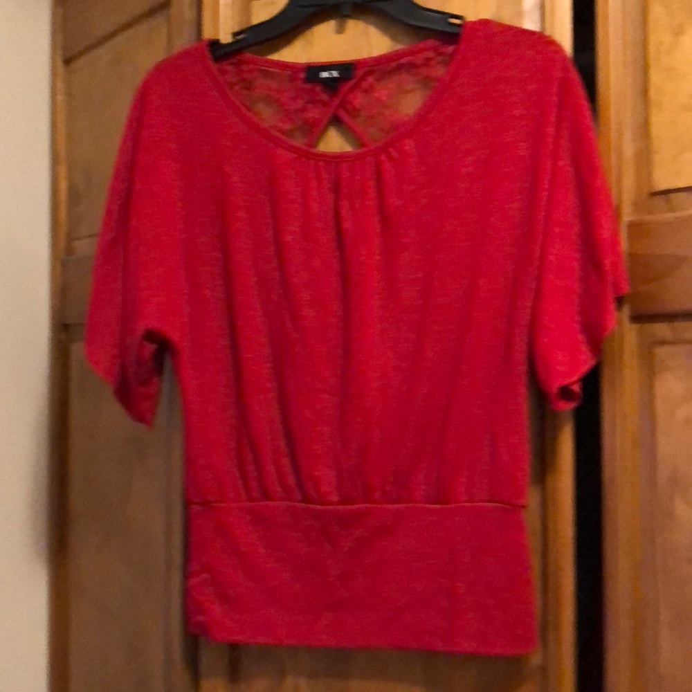 BCX Red Sparkly Lace Flutter Sleeve Shirt Small